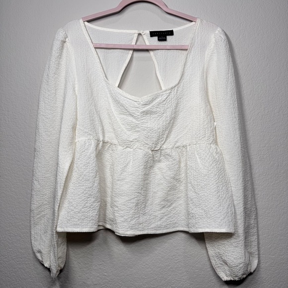 Sanctuary Tops - Sanctuary Peplum Top Square Neck Long Sleeve Blouse White Ivory Large Textured